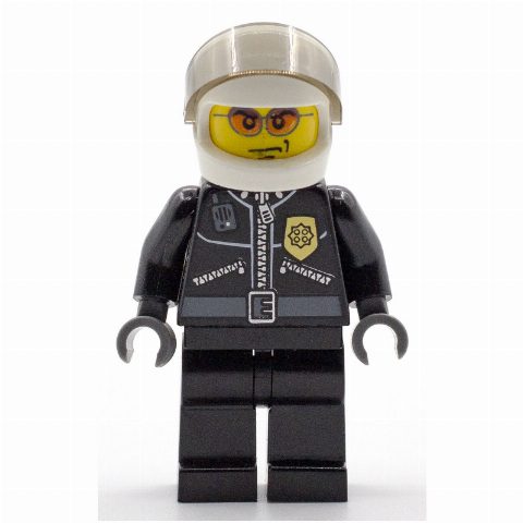 Minifigurka Policeman, Black Jacket with Zipper, Radio, and Badge, White Helmet and Visor, Orange Sunglasses