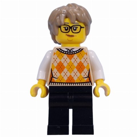 Minifigurka Visitor, Tan Torso, Black Legs, Dark Tan Hair
