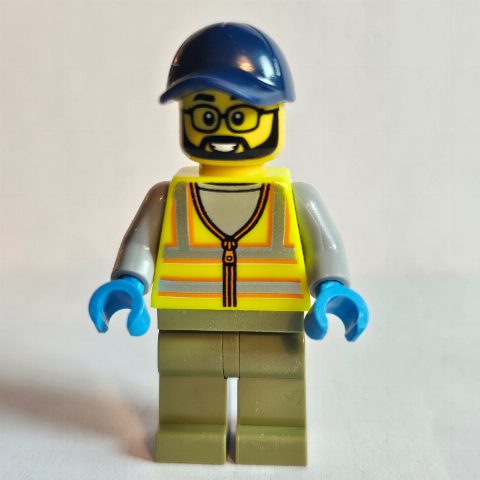 Minifigurka Construction Worker, Vibrant Yellow Safety Vest, Olive Green Legs, Dark Blue Cap
