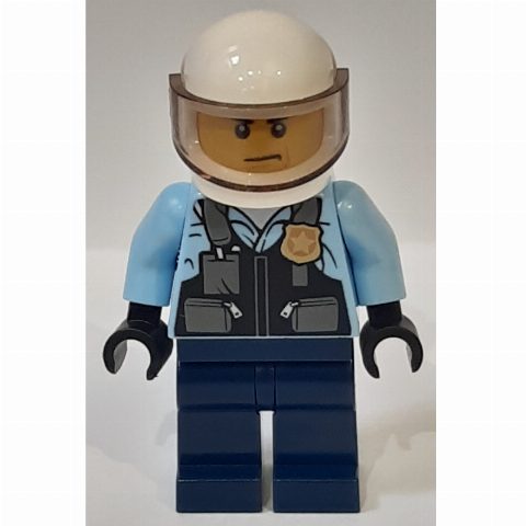 Minifigurka Policeman, Black Vest with Badge and Pouches over Bright Light Blue Shirt, Dark Blue Legs, White Helmet with Visor