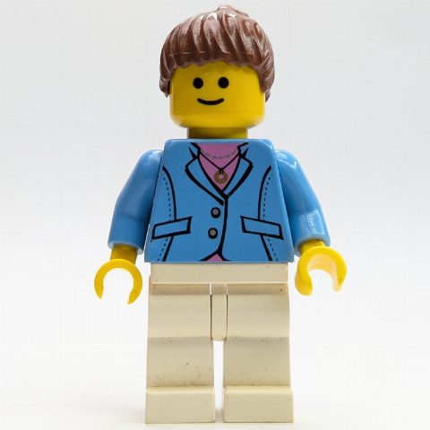 Minifigurka Medium Blue Torso, White Legs, Reddish Brown Hair