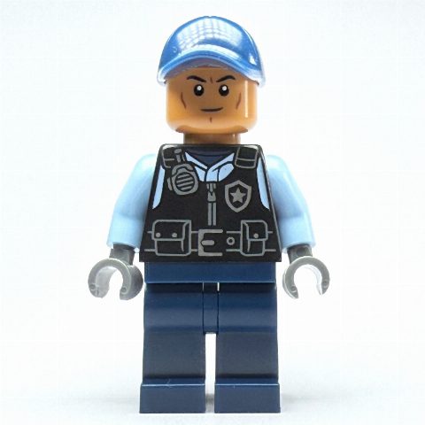 Minifigurka Security Guard, Black Vest, Dark Blue Legs