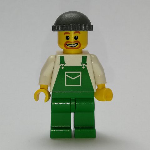 Minifigurka Man, Green Overalls, Dark Bluish Gray Hat, Goatee Beard