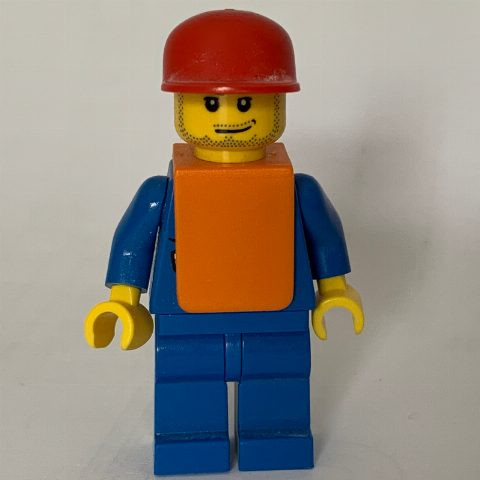 Minifigurka Ground Crew, Blue Suit with Tie and Plane Logo, Red Cap, Orange Vest, Stubble