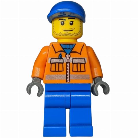 Minifigurka Ground Crew, Orange Jacket with Zipper and Reflective Stripes, Blue Legs, Blue Cap, Stubble