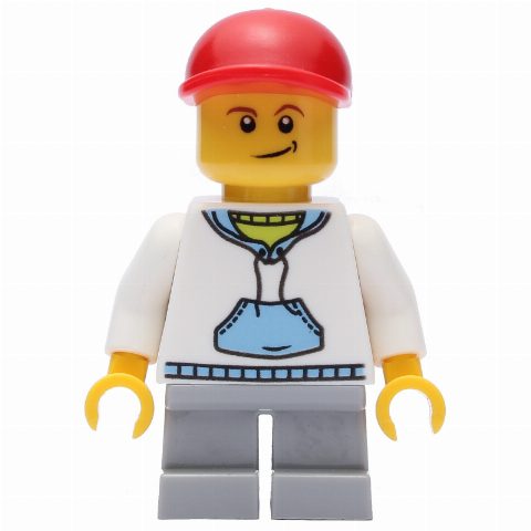 Minifigurka Boy, White and Blue Hoodie, Short Light Bluish Gray Legs, Red Cap (3626c Head)