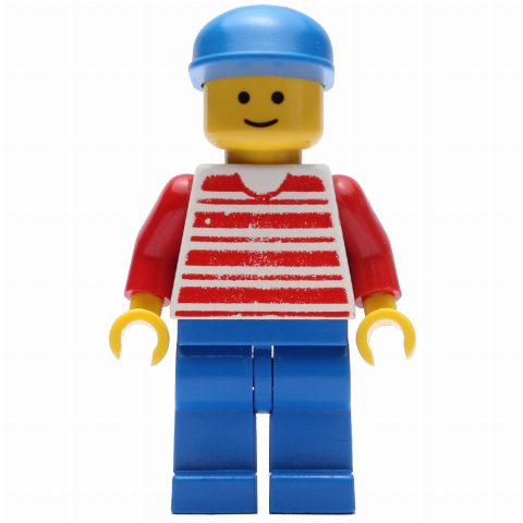 Minifigurka Man, Red and White Striped Shirt, Blue Legs, Blue Cap