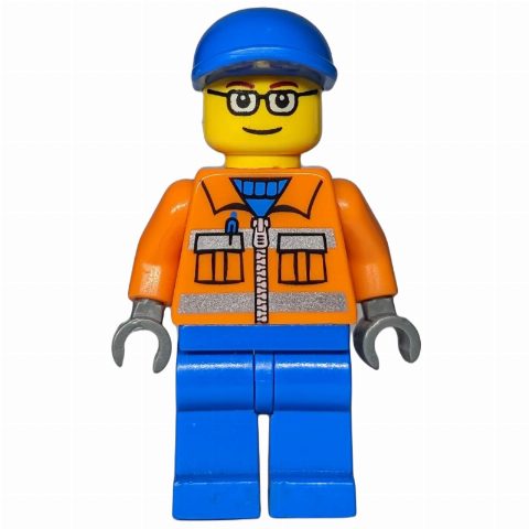 Minifigurka Ground Crew, Orange Jacket with Zipper and Reflective Stripes, Blue Legs, Blue Cap, Glasses