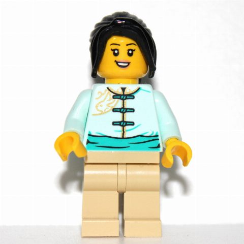 Minifigurka Light Aqua Torso, Tan Legs, Long Black Hair