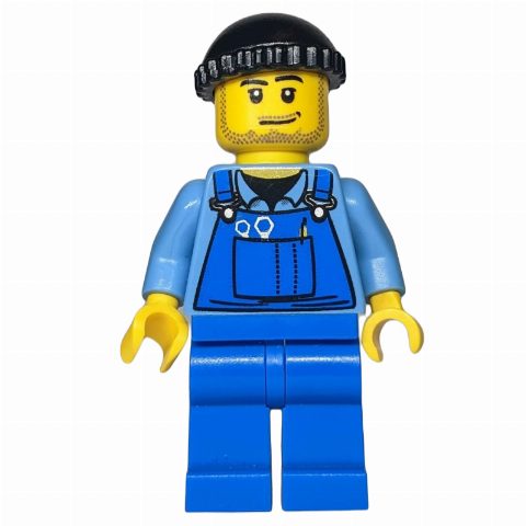 Minifigurka Man, Blue Overalls over Shirt, Blue Legs, Black Hat, Stubble