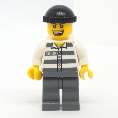 Minifigurka Criminal, Prison Shirt with #50380, Dark Bluish Gray Legs, Black Hat, Missing Tooth