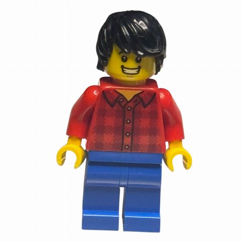 Minifigurka Man, Red Flannel Shirt, Blue Legs, Black Hair, Clenched Teeth Smile