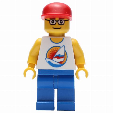 Minifigurka Man, White Tank Top with Windsurfer, Blue Legs, Red Cap, Glasses