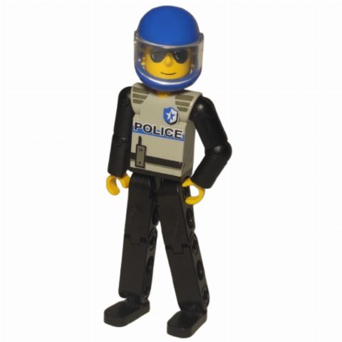 Minifigurka Technic Figure Black Legs, Light Gray Top with Police Print, Black Arms, Blue Helmet