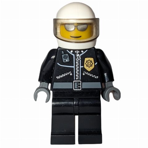 Minifigurka Policeman, Black Jacket with Zipper, Radio, Badge, and 'POLICE' on Back, White Helmet with Visor, Silver Sunglasses