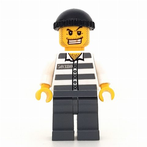 Minifigurka Criminal, Prison Shirt with #50380, Dark Bluish Gray Legs, Black Hat, Gold Tooth