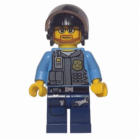 Minifigurka Policeman, Dark Bluish Gray Vest with Radio, Badge and Pouches over Medium Blue Shirt, Black Helmet with Visor, Beard and Glasses