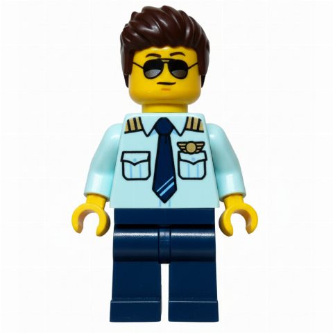 Minifigurka Pilot, Light Aqua Shirt, Dark Blue Legs, Dark Bronw Hair