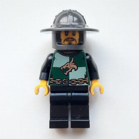 Minifigurka Dragon Knight, Dark Green, Wide Brim Helmet, Moustache and Stubble (Pearl Titanium)