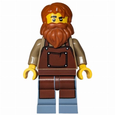 Minifigurka Train Driver, Reddish Brown Apron, Orange Hair, Beard