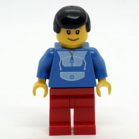 Minifigurka Blue Torso, Red Legs, Black Hair