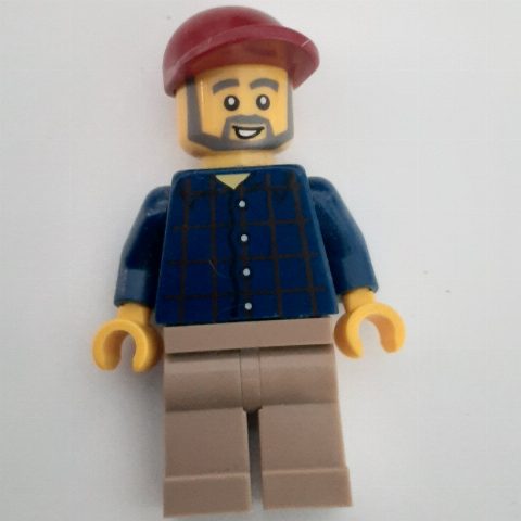 Minifigurka Man, Dark Blue Plaid Shirt, Tan Legs, Dark Red Cap, Beard