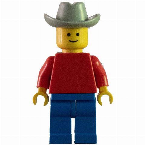 Minifigurka Man - Red Torso, Blue Legs, Light grey Cowboy Head