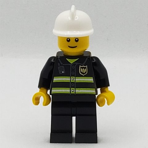 Minifigurka Fireman, Black Fire Jacket with Radio and Badge, White Helmet, Reddish Brown Eyebrows (3626b Head)