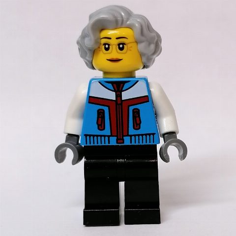 Minifigurka Dark Azure Torso, Black Legs, Light Bluish Grey Hair