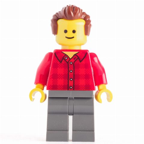 Minifigurka Red Torso Plaid, Dark Bluish Grey Legs, Reddish Brown Hair