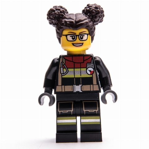 Minifigurka Firefighter, Black Fire Suit, Dark Brown Hair with Two Buns, Glasses