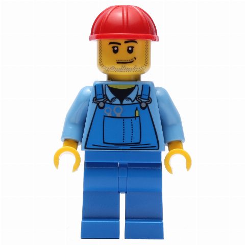 Minifigurka Man, Blue Overalls, Red Hard Hat, Stubble