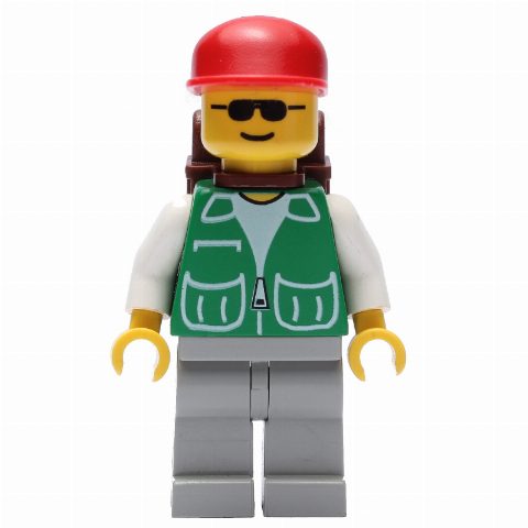 Minifigurka Man, Green Jacket, Light Grey Legs, Sunglasses, Brown Backpack