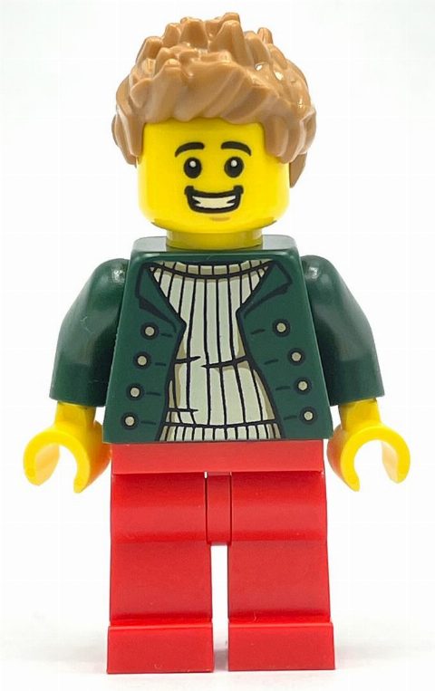 Minifigurka Pizza Delivery Driver - Dark Green Torso, Red Legs, Medium Nougat Hair