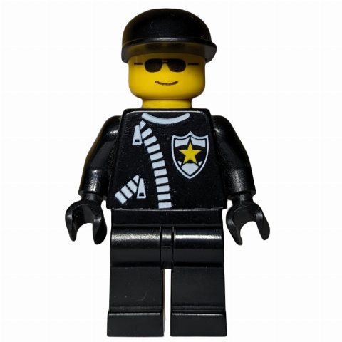 Minifigurka Policeman, Black Jacket with Zipper and Badge, Black Cap, Sunglasses