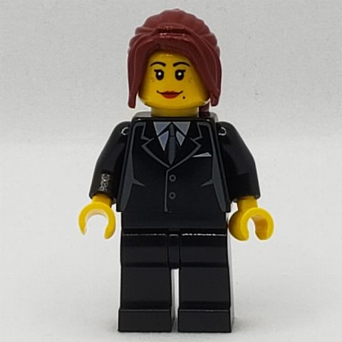 Minifigurka Woman, Black Suit with Tie, Dark Red Hair