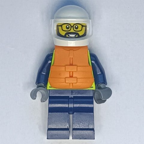 Minifigurka Police Officer, Vibrant Yellow Police Vest, Orange Life Jacket, White Helmet
