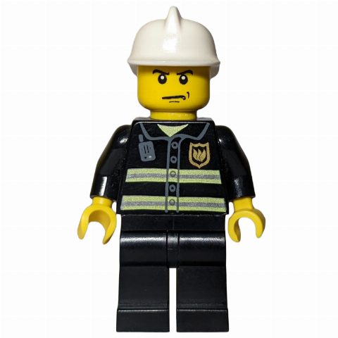 Minifigurka Fireman, Black Fire Jacket with Reflective Stripes, Radio, and Badge, White Helmet, Stern