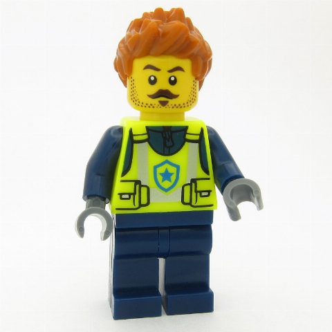 Minifigurka Police Officer, Vibrant Yellow Safety Vest, Dark Orange Hair