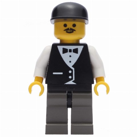 Minifigurka Man, Black Vest over White Shirt with Tie, Dark Gray Legs, Black Cap, Moustache