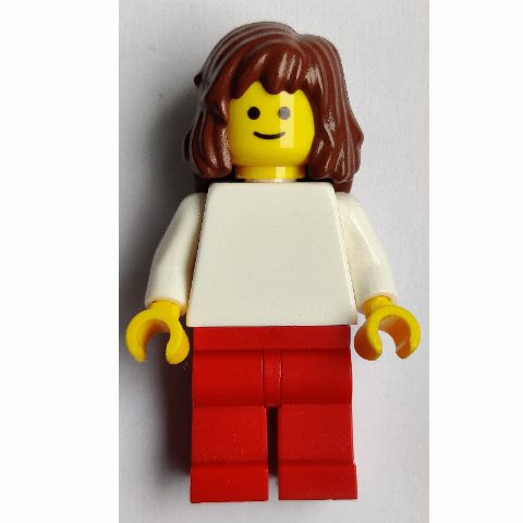 Minifigurka White Torso, Red Legs, Reddish Brown Hair