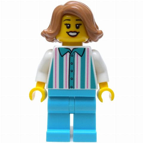 Minifigurka Woman, Shirt with White and Dark Turquoise Stripes, White Legs, Medium Nougat Hair
