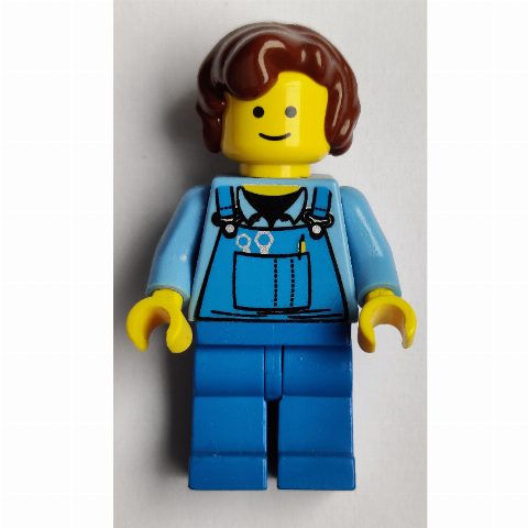 Minifigurka Medium Blue Torso, Blue Overalls, Reddish Brown Hair