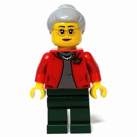 Minifigurka Red Torso, Dark Green Legs, Light Bluish Grey Hair