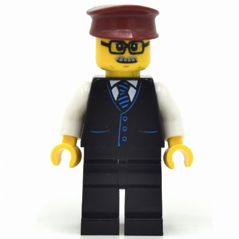 Minifigurka Train Driver, Black Suit, Dark Red Hat