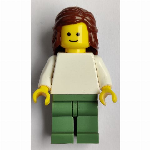 Minifigurka White Torso, Sand Green Legs, Reddish Brown Hair