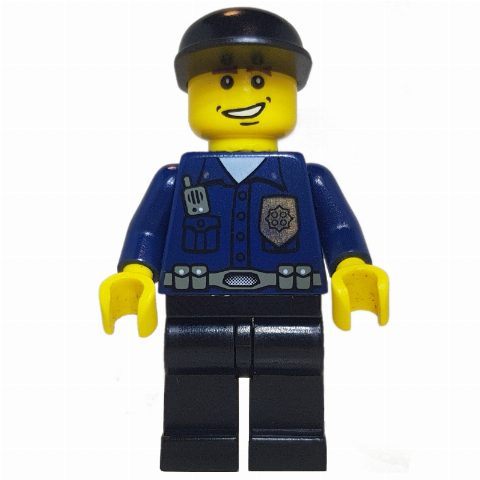 Minifigurka Policeman, Dark Blue Shirt with Radio and Badge, Black Legs, Black Cap, Smile