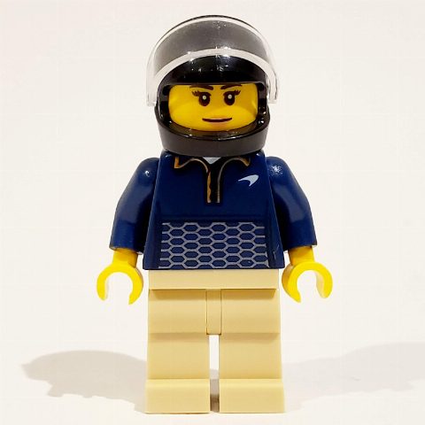 Minifigurka Racer Driver - Dark Blue Torso, Tan Legs, Black Helmet