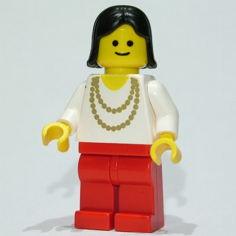 Minifigurka Woman, White Shirt with Gold Necklace, Red Legs, Black Hair (3626b Head)