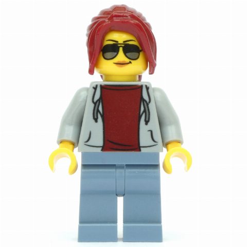 Minifigurka Track Official, Light Bluish Gray Torso, Sand Blue Legs, Dark Red Hair